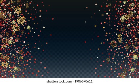 Christmas  Vector Background with Falling Glitter Snowflakes and Stars. Isolated on Transparent. Elegance Snow Twinkly Pattern. Glitter Overlay Print. Winter Party. Design for Cover.