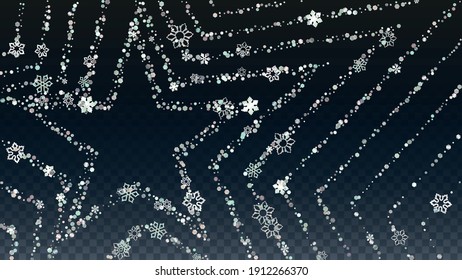 Christmas  Vector Background with Falling Glitter Snowflakes and Stars. Isolated on Transparent. Golden Snow Twinkly Pattern. Glitter Overlay Print. Winter Party. Design for Template.