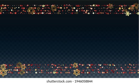 Christmas  Vector Background with Falling Glitter Snowflakes and Stars. Isolated on Transparent. Golden Snow Confetti Pattern. Glitter Overlay Print. Winter Sky. Design for Flyer.