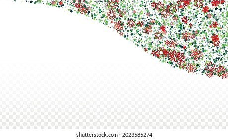 Christmas  Vector Background with Falling Glitter Snowflakes and Stars. Isolated on Transparent. Party Snow Sparkle Pattern. Snowfall Overlay Print. Winter Sky. Design for Web.