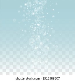 Christmas Vector Background with Falling Snowflakes  Isolated on Transparent Background. Realistic Snow Sparkle Pattern. Snowfall Overlay Print. Winter Sky. Realistic Snow. Happy Christmas, New Year.