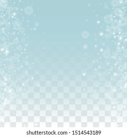 Christmas Vector Background with Falling Snowflakes  Isolated on Transparent Background. Elegance Design for Party Invitation, Banner, Sale, Poster. Realistic Snow. Happy Christmas, New Year.