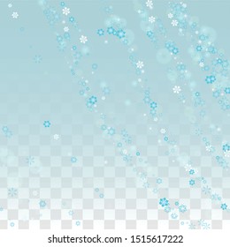 Christmas Vector Background with Falling Snowflakes  Isolated on Transparent Background. Realistic Snow Sparkle Pattern. Snowfall Overlay Print. Winter Sky. Realistic Snow. Happy Christmas, New Year