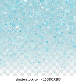 Christmas Vector Background with Falling Snowflakes  Isolated on Transparent Background. Elegance Snow Sparkle Pattern. Snowfall Overlay Print. Winter Sky. Realistic Snow. Happy Christmas, New Year