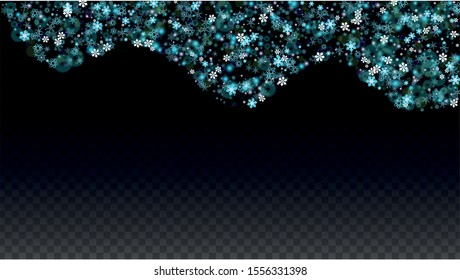Christmas Vector Background with Falling Snowflakes  Isolated on Transparent Background. Elegance Snow Sparkle Pattern. Snowfall Overlay Print. Winter Sky. Realistic Snow. Happy Christmas, New Year.
