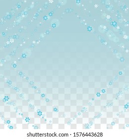 Christmas Vector Background with Falling Snowflakes  Isolated on Transparent Background. Fantasy Snow Sparkle Pattern. Snowfall Overlay Print. Winter Sky. Realistic Snow. Happy Christmas, New Year.