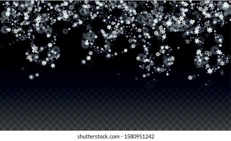 Christmas Vector Background with Falling Snowflakes  Isolated on Transparent Background. Fantasy Snow Sparkle Pattern. Snowfall Overlay Print. Winter Sky. Realistic Snow. Happy Christmas, New Year
