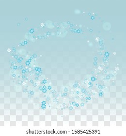 Christmas Vector Background with Falling Snowflakes  Isolated on Transparent Background. Elegance Snow Sparkle Pattern. Snowfall Overlay Print. Winter Sky. Realistic Snow. Happy Christmas, New Year.