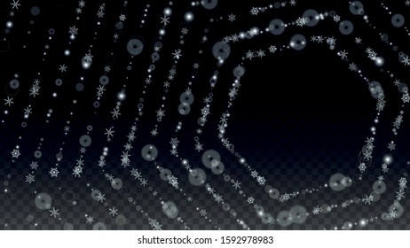 Christmas Vector Background with Falling Snowflakes  Isolated on Transparent Background. Luxury Snow Sparkle Pattern. Snowfall Overlay Print. Winter Sky. Realistic Snow. Happy Christmas, New Year