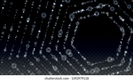 Christmas Vector Background with Falling Snowflakes  Isolated on Transparent Background. Luxury Snow Sparkle Pattern. Snowfall Overlay Print. Winter Sky. Realistic Snow. Happy Christmas, New Year