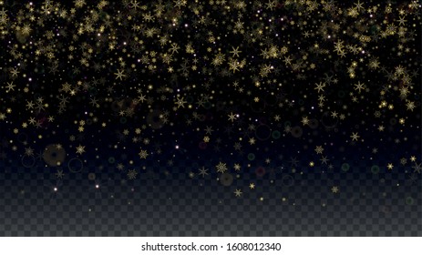 Christmas Vector Background with Falling Snowflakes  Isolated on Transparent Background. Fantasy Snow Sparkle Pattern. Snowfall Overlay Print. Winter Sky. Realistic Snow. Happy Christmas, New Year.