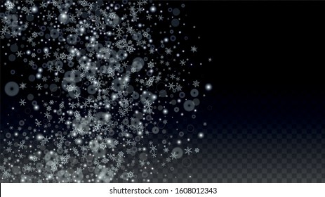 Christmas Vector Background with Falling Snowflakes  Isolated on Transparent Background. Magic Design for Party Invitation, Banner, Sale, Poster. Realistic Snow. Happy Christmas, New Year.
