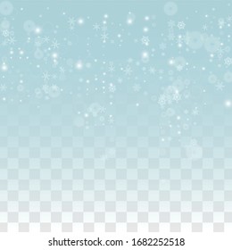 Christmas Vector Background with Falling Snowflakes  Isolated on Transparent Background. Fantasy Snow Sparkle Pattern. Snowfall Overlay Print. Winter Sky. Realistic Snow. Happy Christmas, New Year