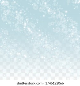 Fondo vectorial de Navidad con copos de nieve en caída aislados en fondo transparente. Diseño de fantasía para invitaciones de fiesta, cartel, venta, afiche. Nieve realista. Feliz Navidad, Año Nuevo