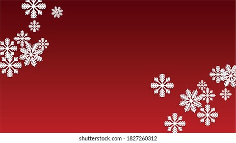 Fondo vectorial de Navidad con copos de nieve en caída. Aislado en el fondo rojo.  Diseño de lujo para invitaciones de fiesta, banner, venta, afiche. Copos de nieve recortados por papel.