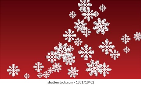 Christmas  Vector Background with Falling Snowflakes. Isolated on Red Background.  Glitter Snow Sparkle Pattern. Snowfall Overlay Print. Winter Sky. Papercut Snowflakes.