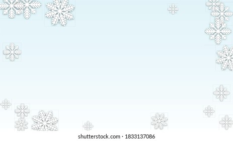 Christmas  Vector Background with Falling Snowflakes. Isolated on White Blue Background.  Fantasy Snow Sparkle Pattern. Snowfall Overlay Print. Winter Sky. Papercut Snowflakes.