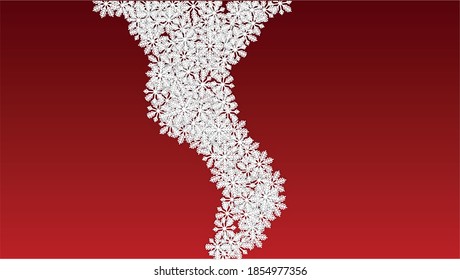Weihnachtsvektorhintergrund mit Fallenden Schneeflocken. Einzeln auf rotem Hintergrund.  Fantasy Snow Sparkle Muster. Schneefall Overlay Print. Winter Sky. Papercut Schneeflocken.