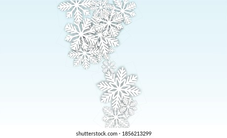 Fondo vectorial de Navidad con copos de nieve en caída. Aislado sobre fondo azul blanco.  Diseño de lujo para invitaciones de fiesta, banner, venta, afiche. Copos de nieve recortados por papel.