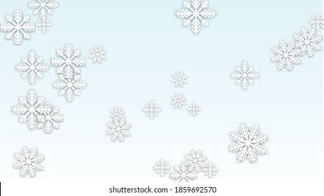 Christmas  Vector Background with Falling Snowflakes. Isolated on White Blue Background.  Fantasy Design for Party Invitation, Banner, Sale, Poster. Papercut Snowflakes.