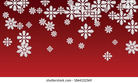 Christmas  Vector Background with Falling Snowflakes. Isolated on Red Background.  Luxury Snow Sparkle Pattern. Snowfall Overlay Print. Winter Sky. Papercut Snowflakes.