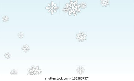 Fondo vectorial de Navidad con copos de nieve en caída. Aislado sobre fondo azul blanco.  Diseño de lujo para invitaciones de fiesta, banner, venta, afiche. Copos de nieve recortados por papel.