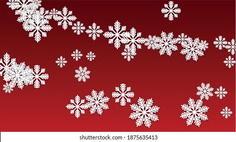 Fondo vectorial de Navidad con copos de nieve en caída. Aislado en el fondo rojo.  Patrón de espuma de nieve mágica. Impresión superpuesta de nieve. Cielo invernal. Copos de nieve recortados por papel.