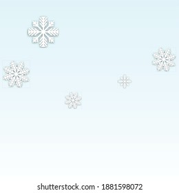 Christmas  Vector Background with Falling Snowflakes. Isolated on White Blue Background.  Fantasy Snow Sparkle Pattern. Snowfall Overlay Print. Winter Sky. Papercut Snowflakes.