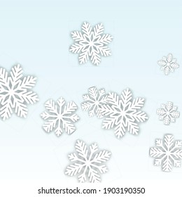 Christmas  Vector Background with Falling Snowflakes. Isolated on White Blue Background.  Fantasy Snow Sparkle Pattern. Snowfall Overlay Print. Winter Sky. Papercut Snowflakes.