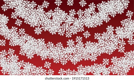 Fondo vectorial de Navidad con copos de nieve en caída. Aislado en el fondo rojo.  Patrón elegante de espuma de nieve. Impresión superpuesta de nieve. Cielo invernal. Copos de nieve recortados por papel.