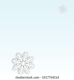 Fondo vectorial de Navidad con copos de nieve en caída. Aislado sobre fondo azul blanco.  Diseño de fantasía para invitaciones de fiesta, cartel, venta, afiche. Copos de nieve recortados por papel.