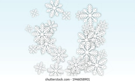 Christmas  Vector Background with Falling Snowflakes. Isolated on White Blue Background.  Elegance Design for Party Invitation, Banner, Sale, Poster. Papercut Snowflakes.