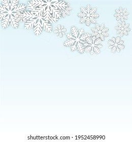 Christmas  Vector Background with Falling Snowflakes. Isolated on White Blue Background.  Miracle Design for Party Invitation, Banner, Sale, Poster. Papercut Snowflakes.