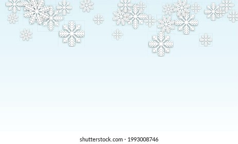 Christmas  Vector Background with Falling Snowflakes. Isolated on White Blue Background.  Magic Design for Party Invitation, Banner, Sale, Poster. Papercut Snowflakes.
