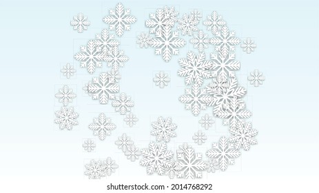 Fondo vectorial de Navidad con copos de nieve en caída. Aislado sobre fondo azul blanco.  Diseño realista para la invitación a la fiesta, pancarta, venta, afiche. Copos de nieve recortados por papel.