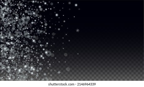 Christmas Vector Background with Falling Snowflakes  Isolated on Transparent Background. Magic Snow Sparkle Pattern. Snowfall Overlay Print. Winter Sky. Realistic Snow. Happy Christmas, New Year