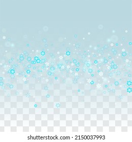 Christmas Vector Background with Falling Snowflakes  Isolated on Transparent Background. Magic Snow Sparkle Pattern. Snowfall Overlay Print. Winter Sky. Realistic Snow. Happy Christmas, New Year