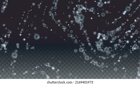 WeihnachtsVektorhintergrund mit Fallenden Schneeflocken einzeln auf transparentem Hintergrund. Elegantes Design für Party-Einladung, Banner, Verkauf, Poster. Realistischer Schnee. Frohe Weihnachten, Neujahr