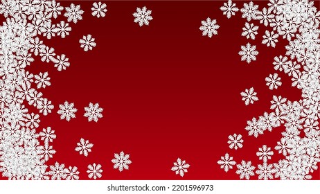 Christmas  Vector Background with Falling Snowflakes. Isolated on Red Background.  Magic Snow Sparkle Pattern. Snowfall Overlay Print. Winter Sky. Papercut Snowflakes.