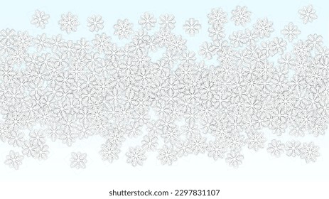 Fondo vectorial de Navidad con copos de nieve en caída. Aislado sobre fondo azul blanco.  Diseño de lujo para invitaciones de fiesta, banner, venta, afiche. Copos de nieve recortados por papel.