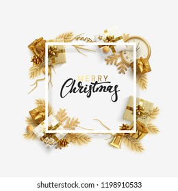 Christmas vector background. Festive design illustration with Xmas decoration and realistic golden objects framed handwritten calligraphy. Happy new year greeting card, banner, web poster. 