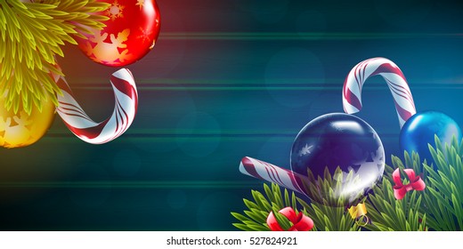 Christmas vector background with fir tree branch color bulbs and candy 