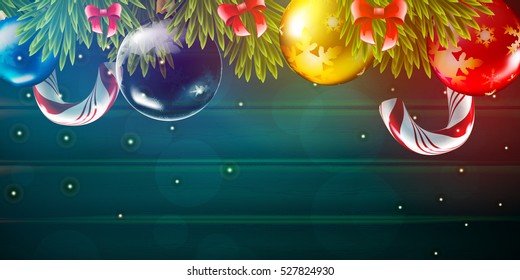 Christmas vector background with fir tree branch color bulbs and candy 