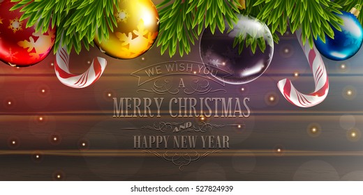 Christmas vector background with fir tree branch color bulbs and candy 