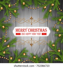 Christmas vector background with fir twigs, Christmas gold ornaments on wooden table