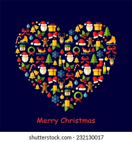 Christmas vector background with flat icons. Christmas heart on the blue background. 