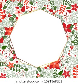 Christmas vector background with geometric wreath with poinsettia, pine branches  and holly in red and green colors 