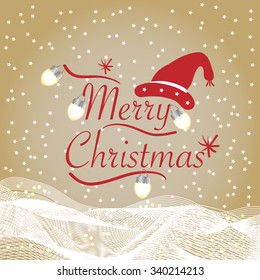Christmas vector background with glowing bulbs, hat, snow,  new year slide, logo