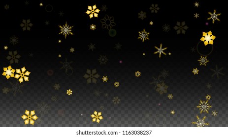 Christmas  Vector Background with Gold Falling Snowflakes Isolated on Transparent Background. Fantasy Snow Sparkle Pattern. Snowfall Overlay Print. Winter Sky. Design for  Christmas Sale.