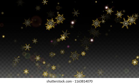 Christmas  Vector Background with Gold Falling Snowflakes Isolated on Transparent Background. Elegance Snow Sparkle Pattern. Snowfall Overlay Print. Winter Sky. Design for  Banner.